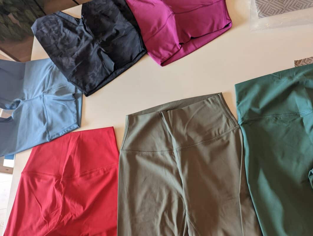 Vibrant high-waisted athletic shorts for workout or casual wear.