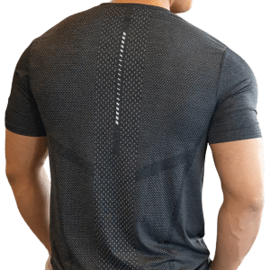 Athletic t-shirt with perforated back strip for enhanced airflow and style.