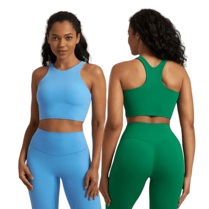 Female model wearing light blue and deep green sporty outfits, showcasing versatile activewear.