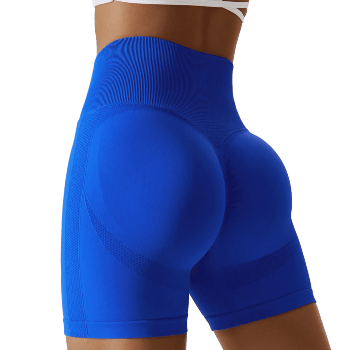 High-waist blue athletic shorts provide comfort and flexibility for workouts.