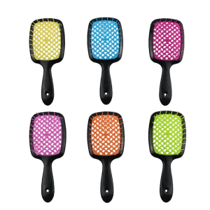Colorful polka dot hairbrushes with ergonomic black handles, vibrant colors, and playful white dots.