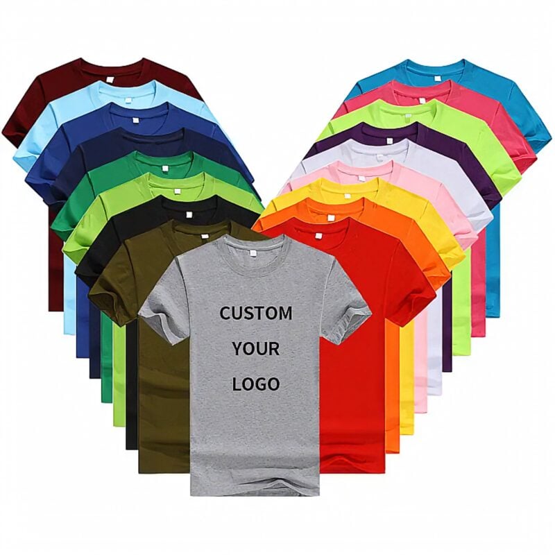 Heart-shaped t-shirt collection with custom logo option, featuring colorful, customizable apparel.