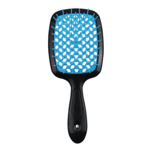 Ergonomic hairbrush with blue bristles, ideal for detangling and scalp health.