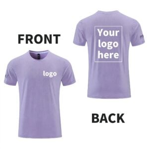 Pastel lavender t-shirt front and back views with space for custom branding.