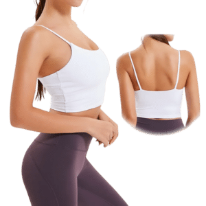Model in chic white crop top and deep purple high-waisted leggings.