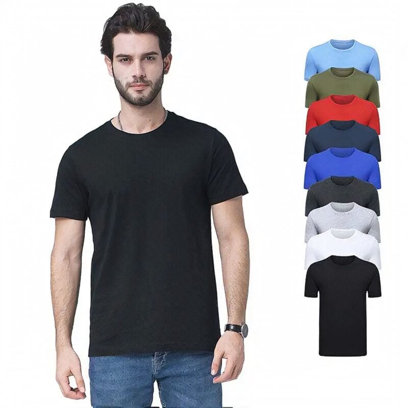 Classic black t-shirt modeled with color options on display.