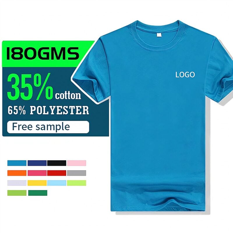 Turquoise t-shirt for custom branding; 35% cotton, 65% polyester, 180GMS, free sample, multiple colors.